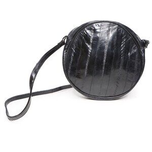 Vintage Genuine Eelskin Round Shoulder Bag Black Crossbody Purse Minimalist